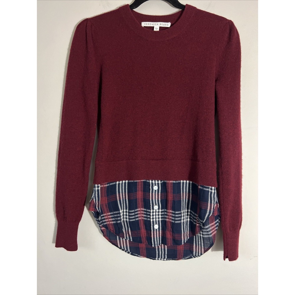 Veronica Beard Jensen Cashmere Puff Sleeve Sweater w/ Plaid Layered Size XS Fall